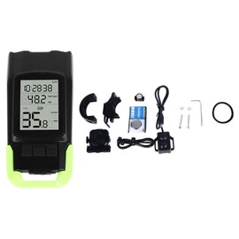 Wireless Bike Computer LCD Backlit Display Waterproof Bike Speedometer Odometer with Sensor LED Front Flashlight and Horn for Outdoor Cycling Green