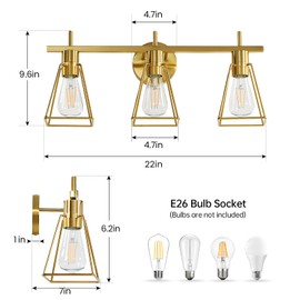 HAHZT Industrial Bathroom Vanity Lights: 3 Lights Brushed Gold Vintage Metal Cage Wall Lamps - Rustic Farmhouse Lightning Fixture Over Mirrors Cabinet for Dressing Hallway