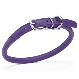 Dogline Soft and Padded Rolled Round Leather Collar for Dogs W3/8" - L16"-19", Purple