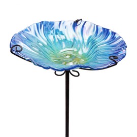 MUMTOP 26 Inch Height Glass Birdbath Birdfeeder with Metal Stake Garden Outdoor Blue