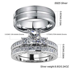 Ringcrown Couple Rings White Gold Plated 925 Sterling Silver Ring Square 1.5CT CZ Women Wedding Ring Sets Men Titanium Steel Ring