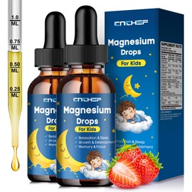 2PCS Magnesium Drops - Magnesium Glycinate Liquid Drops for Kids - Calm, Sleep, Relaxation, Bones, Brain Support with Vitamin B6, C, D3, Omega-3, L-Theanine, Zinc, Multivitamins - Strawberry Flavor