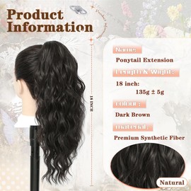 VEGALILY 18 inch Ponytail Extension Dark Brown Hair Extensions Clip in Drawstring Ponytail Long Curly Claw Clip Ponytail Hair Extensions Synthetic Hair Pieces for Women for Daily Use