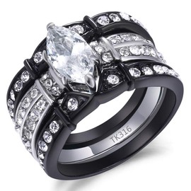 MABELLA His Hers Couple Matching Rings Black Women Stainless Steel Marquise Cut AAA+ Cubic Zirconia Wedding Engagement Ring Bridal Sets & Men CZ Titanium Band,Women's Size 6 Men's Size 12