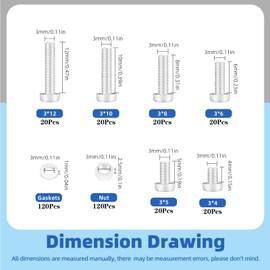 Glarks 360pcs M3 x 4/5/6/8/10/12MM Nylon Phillips Pan Head Screws Nut Washer Kit, White Nylon Phillips Cross Round Head Machine Screw for Various Industrial Fastening Applications