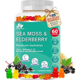 Sea Moss Gummies – Elderberry BioVitalica – Vitamin C, D & Zinc – Irish Sea Moss Vegan Gummies with Gel & Powder for Immunity & Detox Support – Suitable for Adults & Kids