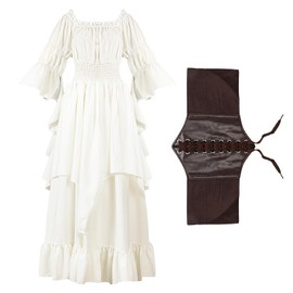 Renaissance Dress Medieval Victorian Court Regency Dress Pirate Queen Princess Elven Costume Fairytale Outfit Women (White, L/XL)