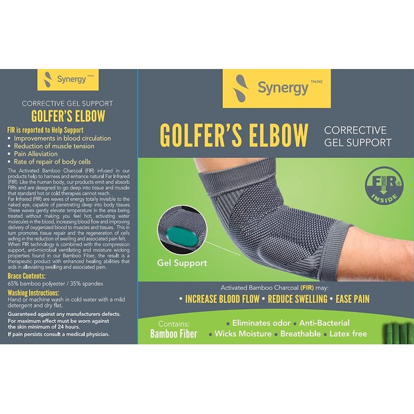 Synergy Golfer's/Pickle Ball/Tennis Elbow Support/Brace with Gel Pads/Bamboo Far Infrared