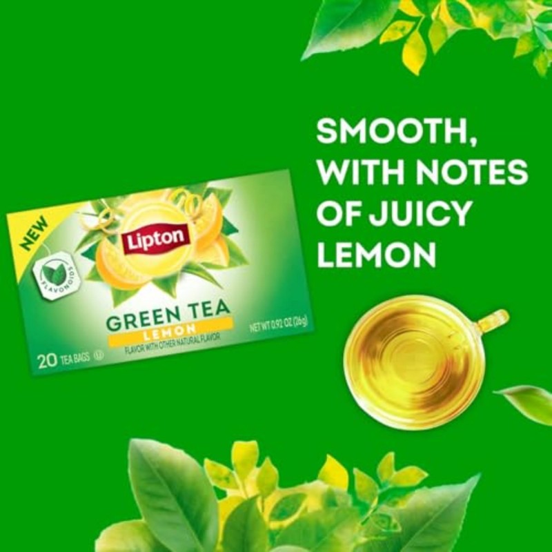 Lipton Lemon Green Tea Bags, Flavored, Unsweetened Teabags for Hot