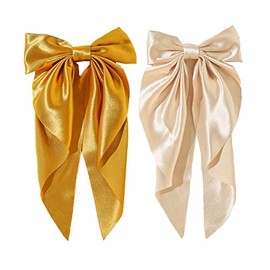Yuyeran 2Pcs Super Big Bow Hair Clips French Style Soild Color Knotted Bowknot Spring Snap Barrettes Hair Clips with Long Ribbon for Women Girls (Champagne+Gold)