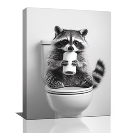 Raccoon Bathroom Wall Art, Funny Raccoon Pictures Wall Decor, Black And White Animal Canvas Prints Painting, Framed Artwork for Bathroom Living Room Bedroom Office Home Decorations 16"x12"