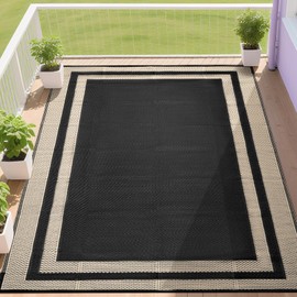 Outdoor Rugs 9x12 Waterproof for Patios Clearance,Large Plastic Straw Mats for Backyard,Porch,Deck,Balcony,Black&Beige