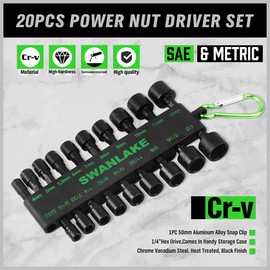SWANLAKE 20 Pcs Nut Driver Set, 1/4'' Hex Shank Quick-Change Nut Driver Socket Kit