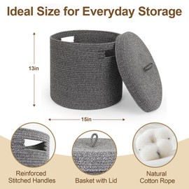 WILLITAT Storage Basket with Lid, Woven Blanket Storage for Living Room, Cute Cotton Rope Bin with Lid, Round Wicker Laundry Basket with Cover, Decorative Kid Dog Toy Box, Nursery Organizer, 15"x13"