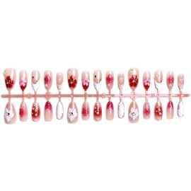 Handmade Press on Nails Medium Almond False Nails with 5D Pearl Flower Design Rhinestone Starfish Stick on Nails Glossy Ombre Red French Tip Glue on Nails Ocean Fake Nails for Women Manicure 30Pcs