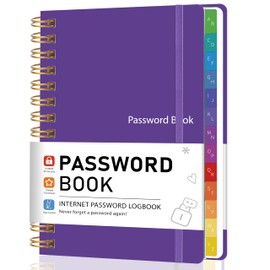 Password Book with Alphabetical Tabs, Password Keeper Book for Seniors, 5.8" X 8.2" Medium Size Password Notebook, Spiral Hardcover Password Journal Logbook for Website Logins, Purple