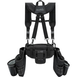 MELOTOUGH Carpenters Tool Belt with Suspenders Professional Tool Belt Combo Organizer With Tool Pouch Suspenders with 27 Pockets and Loops fits 33"-50"Waist for Electrican/Contractor/Technican/(Black)