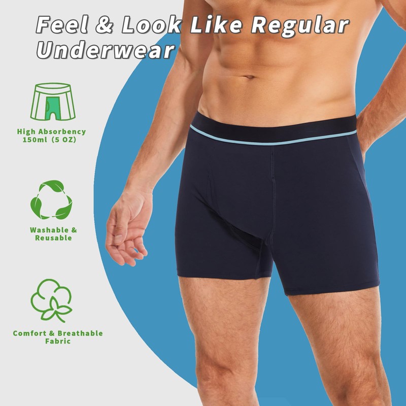 PurityLock Men's Washable Incontinence Boxer Briefs, Cotton Incontinence Underwear with