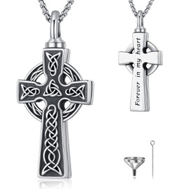 DRINSPER Urn Necklace for Ashes Celtic Cross Cremation Jewelry 925 Sterling Silver Funeral Pendant Memorial Keepsake Gift for Men Women Dad Loved Ones Grandpa