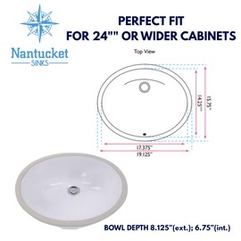 Nantucket Sinks GB-17x14-W Undermount Bathroom Sink – 17"x14" Oval White Bowl Bath Vanity Sink, Glazed Bottom for Open Console, w Overflow – Ceramic, High Gloss, Stain & Scratch Resistant