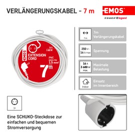 EMOS EMOS - IP20 Verl?ngerungskabel 7m - 1 Schuko-Steckdose - 250 V, 16 A, 3680 W - hochwertige PVC-Isolierung - H05VV-F3G 1,5 mm2 - erh?hter Berhrungsschutz - fr Innen - wei?