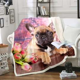 French Bulldog Fleece Throw Blanket Cute Puppy Dog Plush Blanket For Kids Boys Girls Child Teens 3D Animal Theme Sherpa Blanket Pet Dog Tulip Flowers Fuzzy Blanket for Sofa Bed, Baby 30x40 Inch