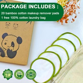 20 Pack Reusable Makeup Remover Pads with Laundry Bag, Environmentally Friendly and Suitable for All Skin Types, Washable Bamboo Cotton Rounds White