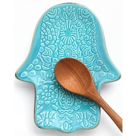 Ceramic Spoon Rest for Stove Top and Kitchen Counter, Turquoise Hand Shaped Spoon Holder, Decorative Utensil Rest for Cooking, Hamsa Hand Trinket Dish and Jewelry Dish for Kitchen Decor