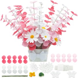 BAZIMA Felt Flowers and Eucalyptus Kit, Felt Daisies and Eucalyptus Kit,15 Eucalyptus and 8 Daisies kit,Floral Gifts,Arrange Pre-Cut Felt Flowers and Foliage (Red Pink White)