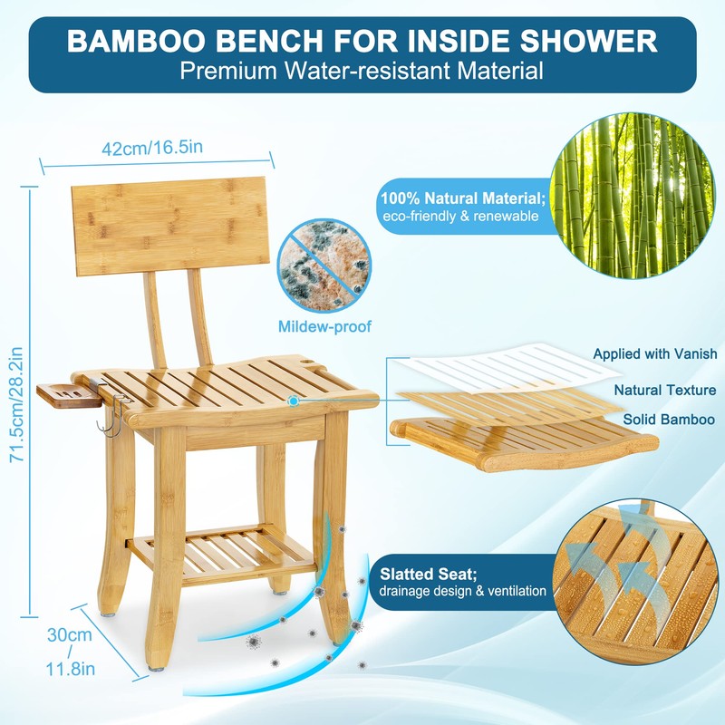 ETECHMART Bamboo Shower Bench with Back and Soap Dish, 2-Tier