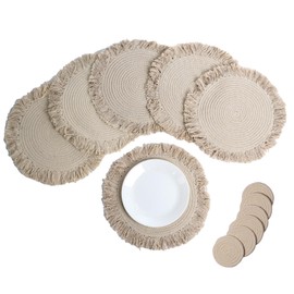 The Fine Living Co. Braided Cotton Placemats (Set of 6, 15 Inches) with 6-Free Coasters - Round Table Mats, Washable Heat-Resistant - A for Fall Season Gatherings and Cozy Home Decor