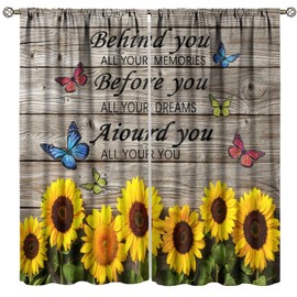 GoDazzling Sunflower Floral Butterfly Blackout Window Curtains, Rustic Farmhouse Wooden Board Window Drapes, for Living Room Bedroom 21(W)*45(L) 2 Panels
