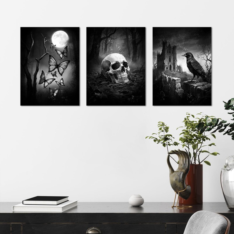 RyounoArt Gothic Wall Art Black and White Skull Butterfly and