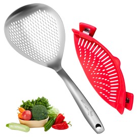 2-in-1 Kitchen Tool Set – Stainless Steel Skimmer Ladle & Silicone Clip-On Strainer – For Frying, Draining Pasta & Vegetables – Heat Resistant, Durable, BPA-Free, Universal Fit