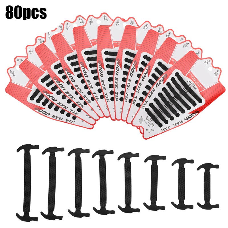 80pcs Silicone Lazy Shoelaces Elastic Black No Tie Shoe Laces