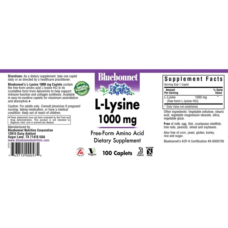 Bluebonnet L-Lysine 1000 Mg 100 Caplets, free-form Amino-Acid, Immune support