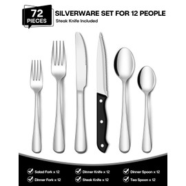EUIRIO 72-Piece Silverware Set with Steak Knives, Heavy Duty Stainless Steel Flatware Set for 12, Food-Grade Tableware Cutlery Set, Utensil Sets for Home Restaurant, Mirror Finish, Dishwasher Safe