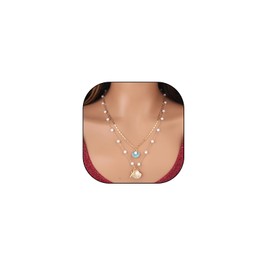 14K Gold Starfish Sea Shell Layered Necklaces, Dainty Bohemian Pearls Chain Choker Necklace Set, Stackable Jewelry Gifts for Women (Blue)