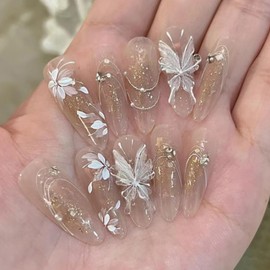 24Pcs Long Press on Nails Almond Fake Nails 3D Pearl Butterfly Glue on Nails White Flower False Nails Gradient Design Nude Artificial Stick on Nails Rhinestones Acrylic Nails for Women Girls Manicure