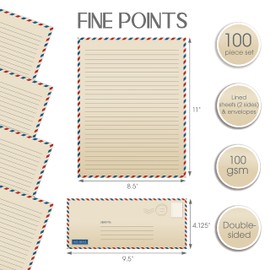 Better Office Products Vintage Airmail Stationery Paper Set, 100-Piece Set (50 Lined Sheets + 50 Matching Envelopes), Letter Size 8.5 x 11 inch, Double Sided & Lined Paper,