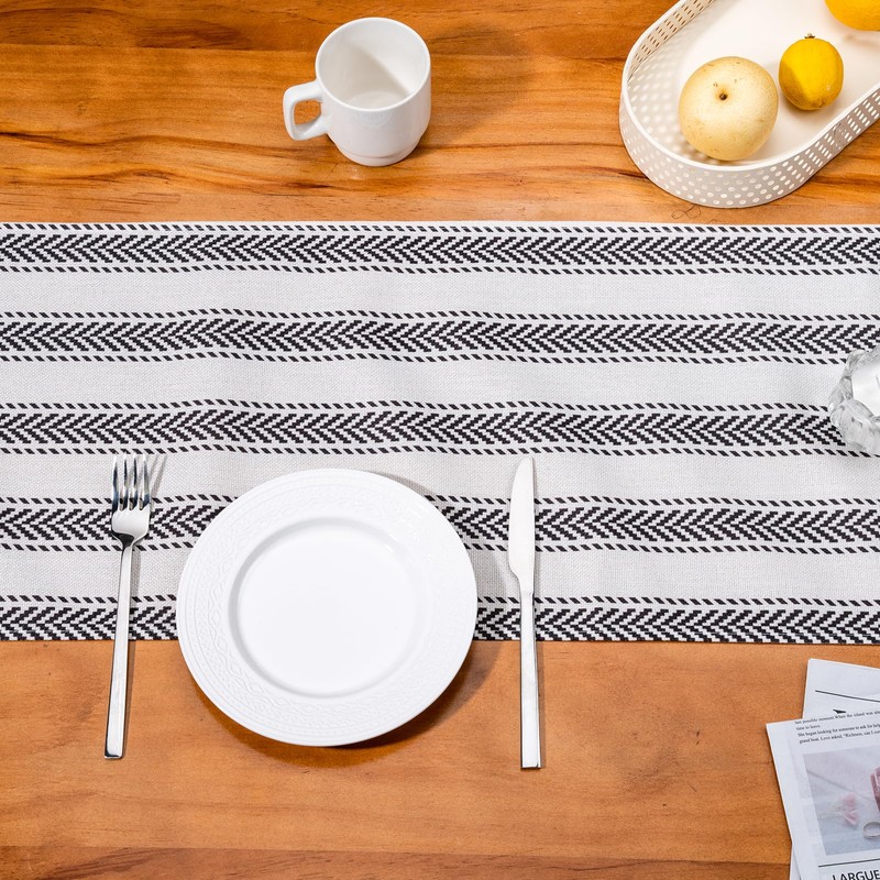 RUSPEPA Table Runner with Black and White Stripe Linen Table