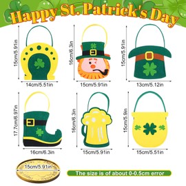 Gemscream 156 Pcs St. Patrick's Day Felt Bags Set 6 Pot of Gold Candy Coins Holder Horseshoe Dwarf Pots Clover Felt Bag with Handle 150 Gold Shamrock Coins for Irish Party Decor