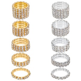 UNICRAFTALE 10Pcs 2 Colors Rhinestone Stretch Rings 10 Styles Gold Silver Crystals Inlaid Rings Thumb Pinky Ring Fashion Crystal Stackable Finger Ring Set Diamond Elastic Accessories for Women Size 5-6