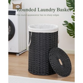 SETVSON Large Laundry Hamper Laundry Basket Round 34.3 Gal (130 L) Handwoven Wicker Laundry Baskets Rattan Laundry Basket with Laundry Bag Handles 2 Mesh Bags for Living Room Bedroom Black