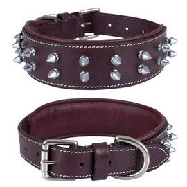 DowgClub | Genuine Leather Spike Dog Collar | Full Grain, Heavy Duty | Comfortable, Strong, Best for Medium, Large, XL Breeds | 1.75" Wide (M (Fit Neck 14.5"-18.5"), Cherry with Silver Spikes)