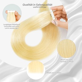 Qingliang Tape-In Real Hair Extensions, 40 cm, Bleached Blonde, Silky Straight, Seamless Skin Weft, Tape-In Real Hair Extensions, 16 Inches, 50 g, 20 Pieces, Tape-in Hair Extensions (40 cm #613 Bleach