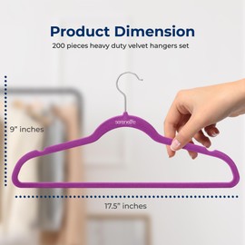 SereneLife 200 Pieces Velvet Hangers - Space Saving Heavy Duty Slim Suit Clothes Hanger Set with 360 Degree Swivel Metal Hook, Can Hold Up to 10 Lbs. for Coats, Jackets, Pants & Dress (Purple)