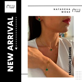 NataschaWoge® Kleeblatt GRÜN GOLD Armband minimalistischer Schmuck EDELSTAHL Gold Kette Halskette Choker Geschenk für Sie Goldkette (Ohrringe kurz)