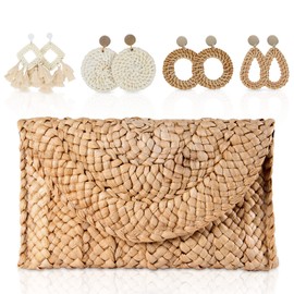 EVEOUT Women's Woven Straw Handbag Vintage Clutches Wallet Beach Holiday Bag, Straw handbag set beige, vintage