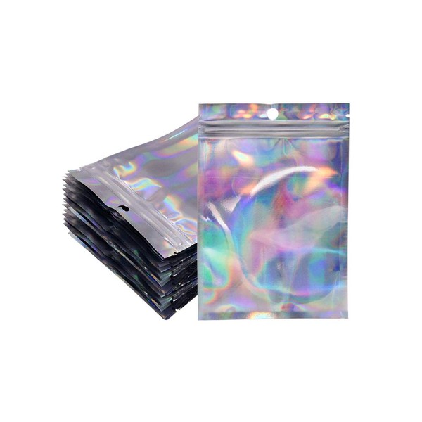 100pcs Holographic Mylar Zip Lock Bags Resealable 10.4 x 14.9 cm, Sealable Foil Sample Pouch Gift Baggies for Candy Snack Jewelry Lash Lip Gloss